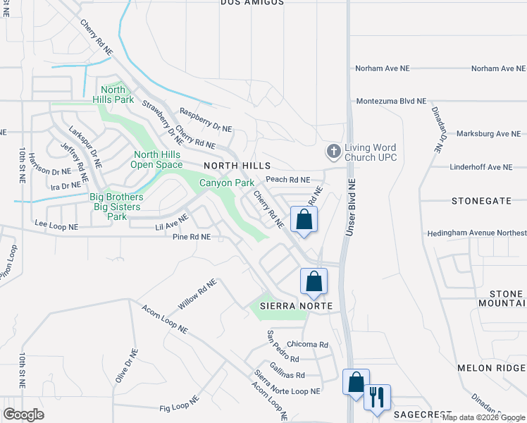 map of restaurants, bars, coffee shops, grocery stores, and more near 1709 Parkview Way Northeast in Rio Rancho