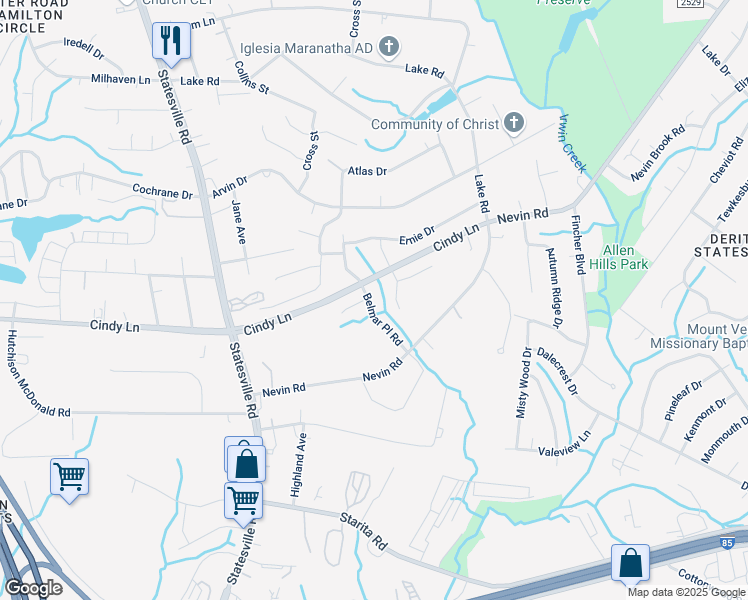 map of restaurants, bars, coffee shops, grocery stores, and more near 4636 Belmar Place Road in Charlotte