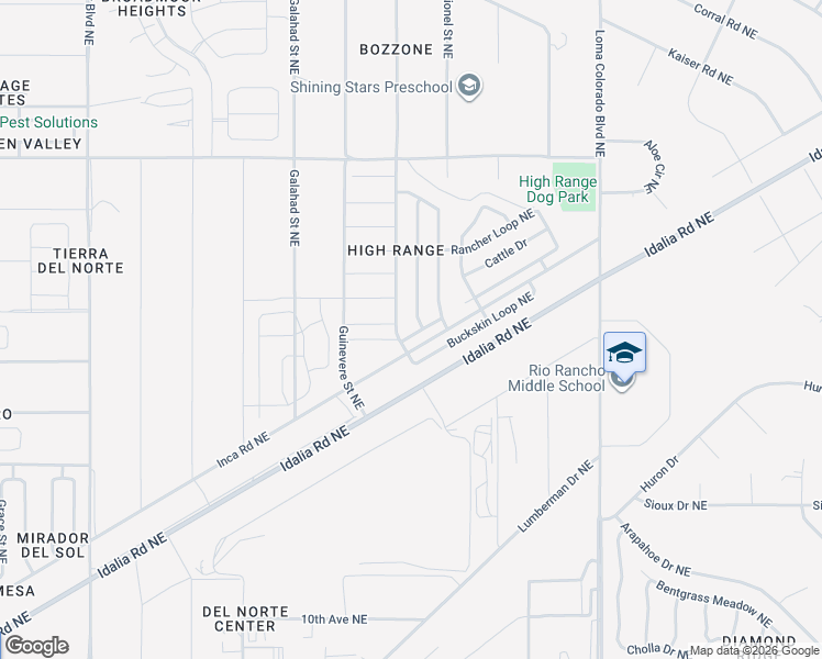 map of restaurants, bars, coffee shops, grocery stores, and more near 1702 Buckskin Loop Northeast in Rio Rancho