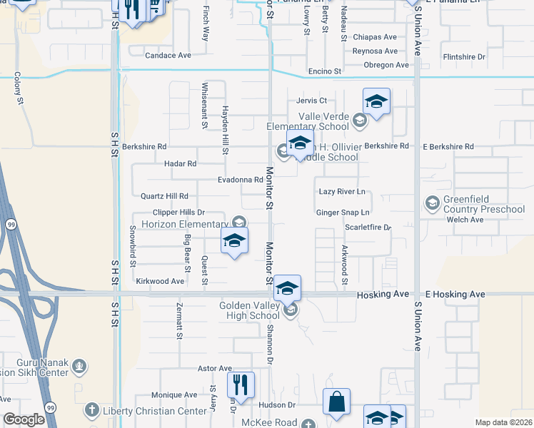 map of restaurants, bars, coffee shops, grocery stores, and more near 901 Olson Avenue in Bakersfield
