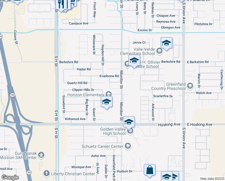 map of restaurants, bars, coffee shops, grocery stores, and more near 917 Olson Avenue in Bakersfield
