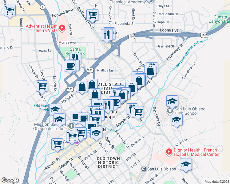 map of restaurants, bars, coffee shops, grocery stores, and more near in San Luis Obispo