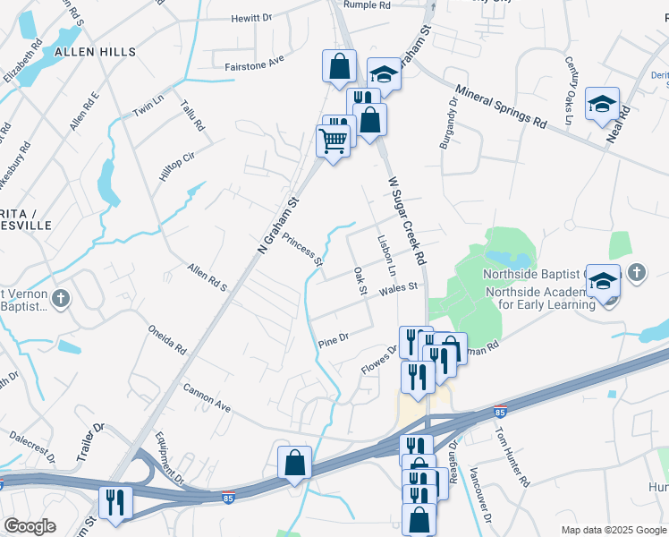 map of restaurants, bars, coffee shops, grocery stores, and more near 1723 Oak Street in Charlotte