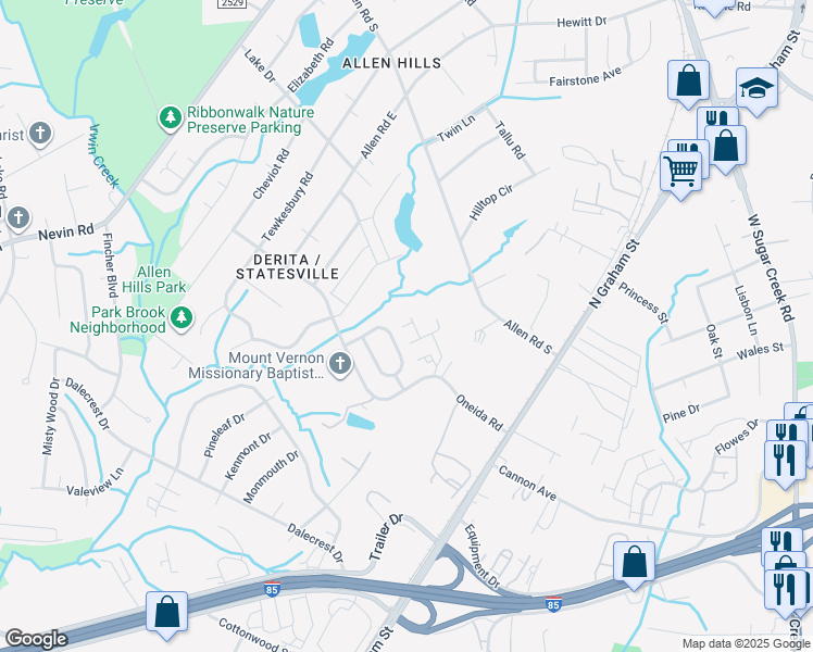 map of restaurants, bars, coffee shops, grocery stores, and more near 2718 Sydney Overlook Lane in Charlotte