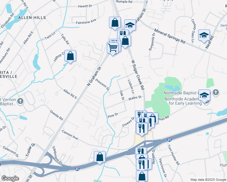map of restaurants, bars, coffee shops, grocery stores, and more near 1723 Oak Street in Charlotte