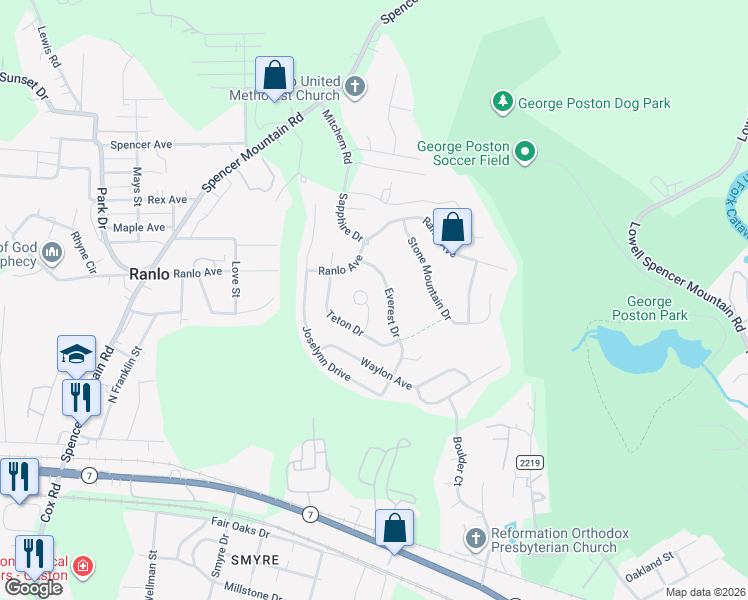 map of restaurants, bars, coffee shops, grocery stores, and more near 3232 Denali Court in Gastonia