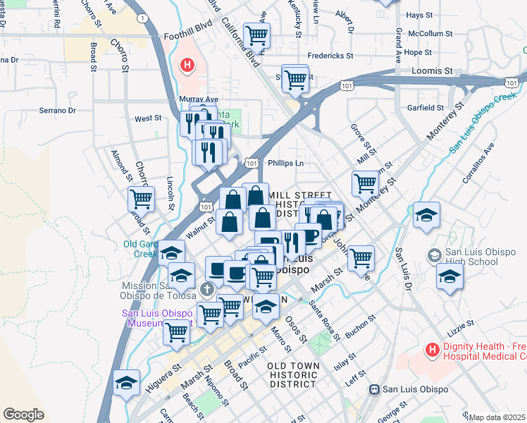 map of restaurants, bars, coffee shops, grocery stores, and more near 1137 Peach Street in San Luis Obispo