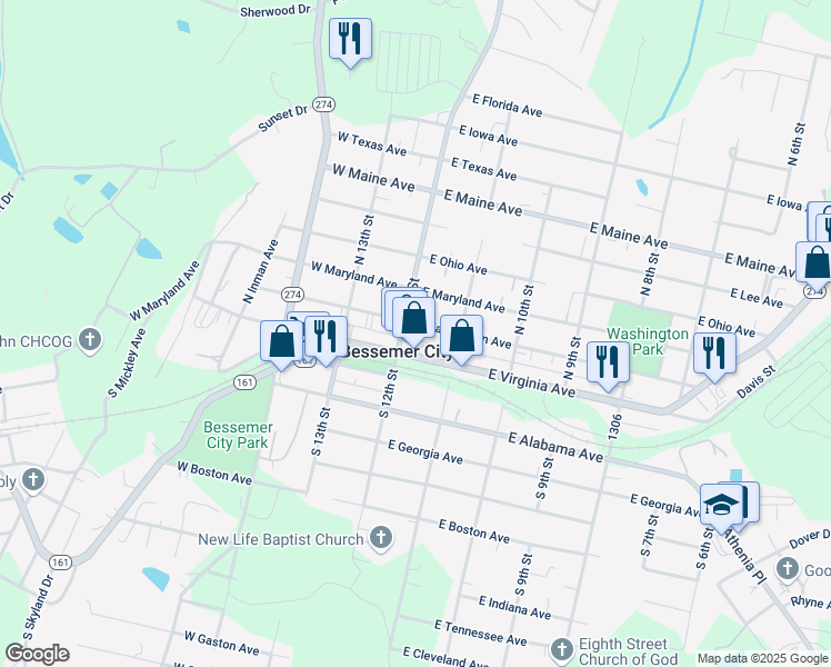 map of restaurants, bars, coffee shops, grocery stores, and more near 104 West Washington Avenue in Bessemer City