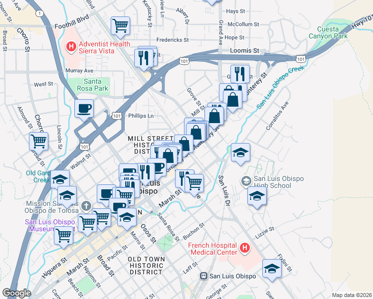 map of restaurants, bars, coffee shops, grocery stores, and more near Pepper Street in San Luis Obispo