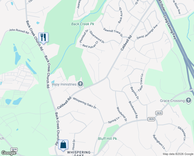 map of restaurants, bars, coffee shops, grocery stores, and more near 12717 Caldwell Road in Charlotte
