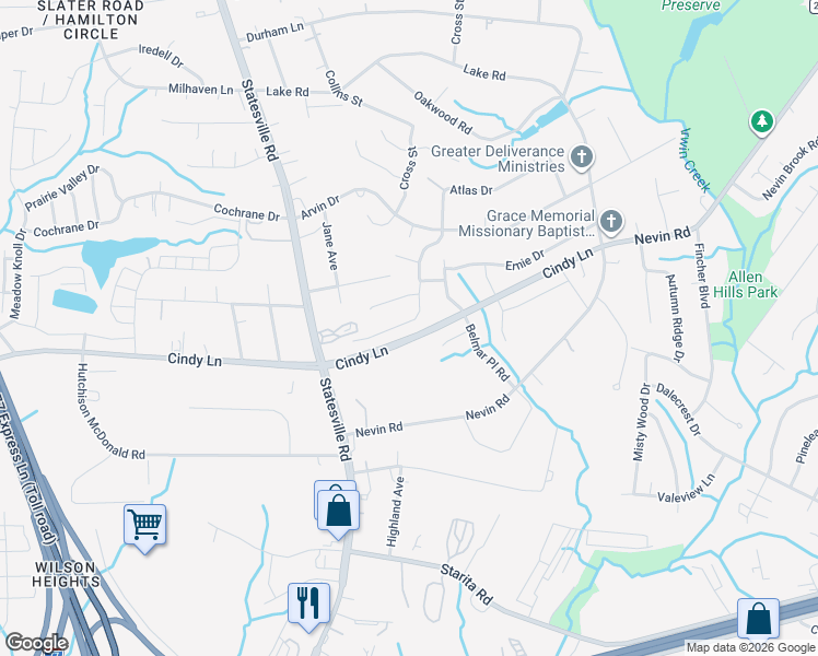 map of restaurants, bars, coffee shops, grocery stores, and more near 3343 Atlas Drive in Charlotte