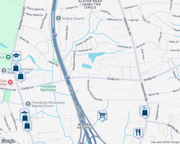 map of restaurants, bars, coffee shops, grocery stores, and more near 6101 Cutwater Circle in Charlotte