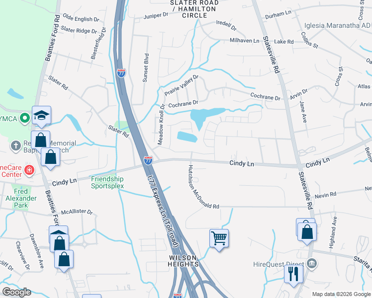 map of restaurants, bars, coffee shops, grocery stores, and more near 2601 Cindy Lane in Charlotte