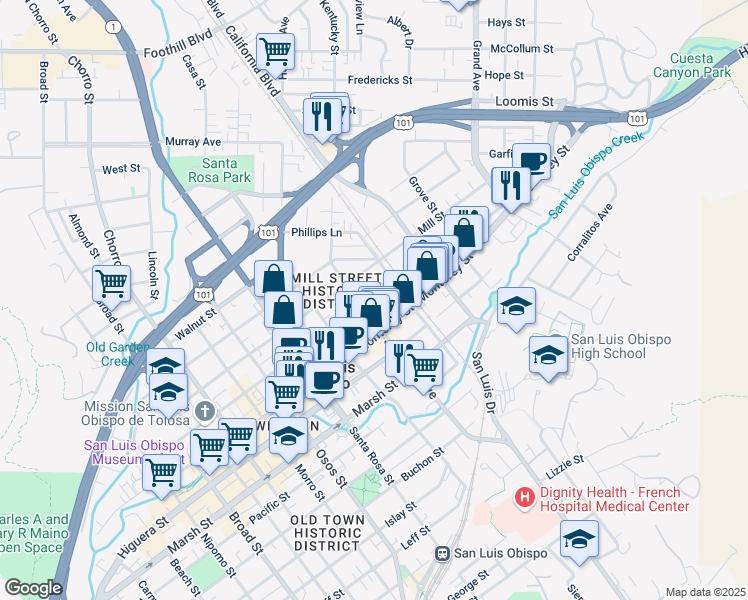 map of restaurants, bars, coffee shops, grocery stores, and more near 1317 Palm Street in San Luis Obispo