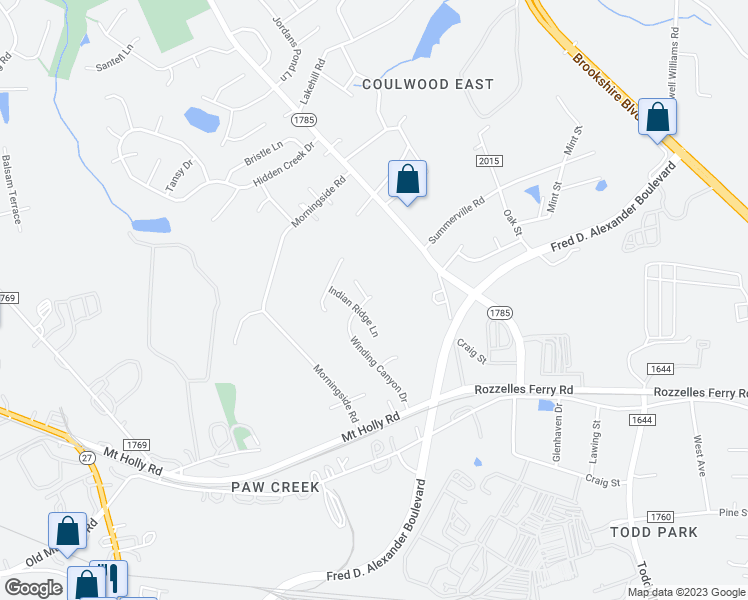 map of restaurants, bars, coffee shops, grocery stores, and more near 424 Winding Canyon Drive in Charlotte