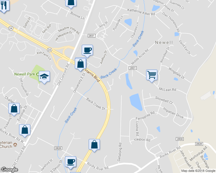 map of restaurants, bars, coffee shops, grocery stores, and more near 2158 Sardony Lane in Charlotte