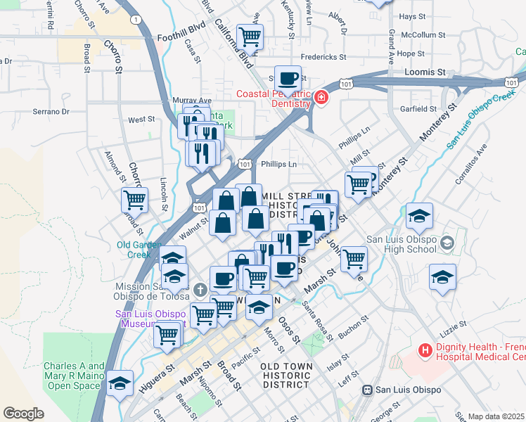 map of restaurants, bars, coffee shops, grocery stores, and more near 1137 Peach Street in San Luis Obispo
