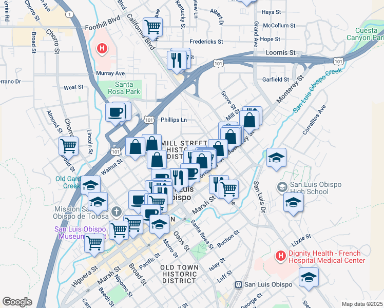 map of restaurants, bars, coffee shops, grocery stores, and more near 879 Johnson Avenue in San Luis Obispo