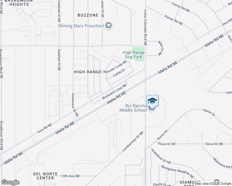 map of restaurants, bars, coffee shops, grocery stores, and more near 3817 Buckskin Loop Northeast in Rio Rancho