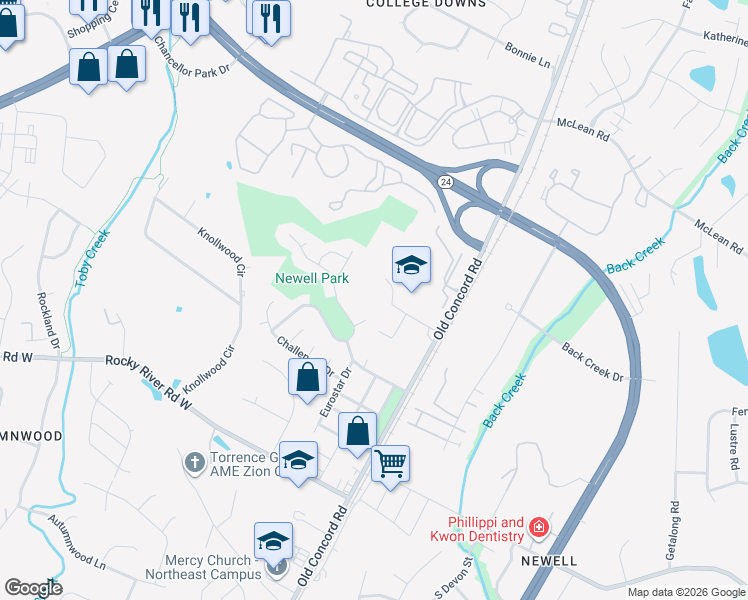 map of restaurants, bars, coffee shops, grocery stores, and more near 9115 Newell Baptist Church Rd in Charlotte