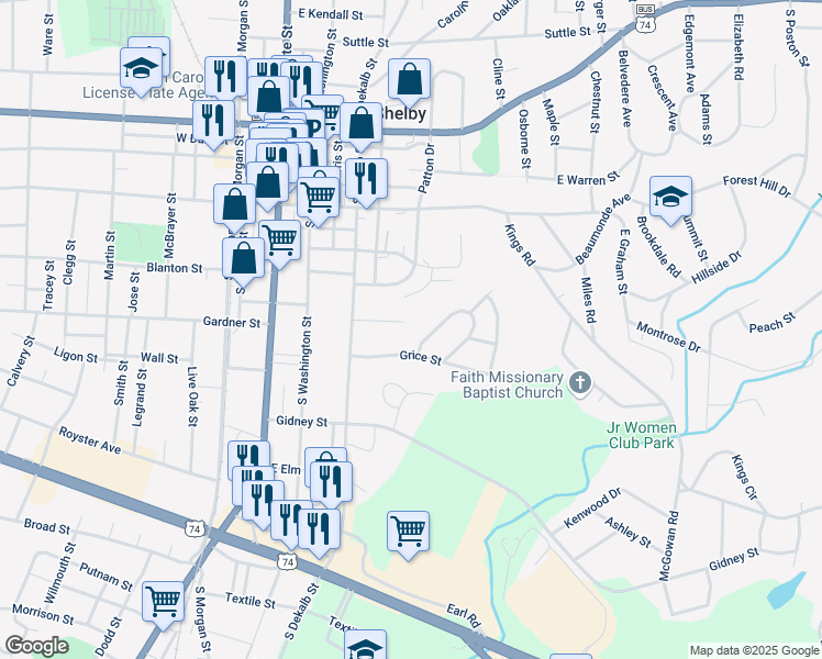 map of restaurants, bars, coffee shops, grocery stores, and more near 316 Willow Lane in Shelby