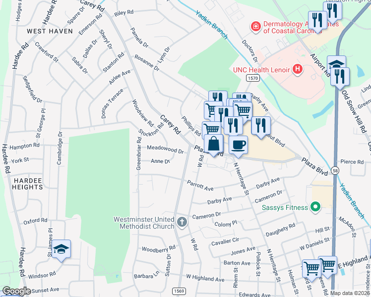 map of restaurants, bars, coffee shops, grocery stores, and more near 2100-2198 Carey Road in Kinston