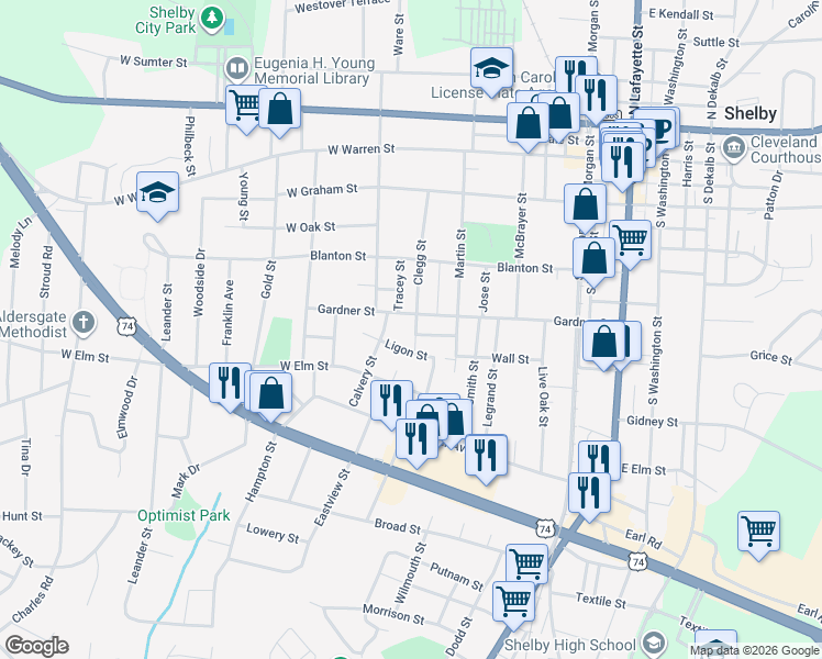 map of restaurants, bars, coffee shops, grocery stores, and more near 605 Gardner Street in Shelby
