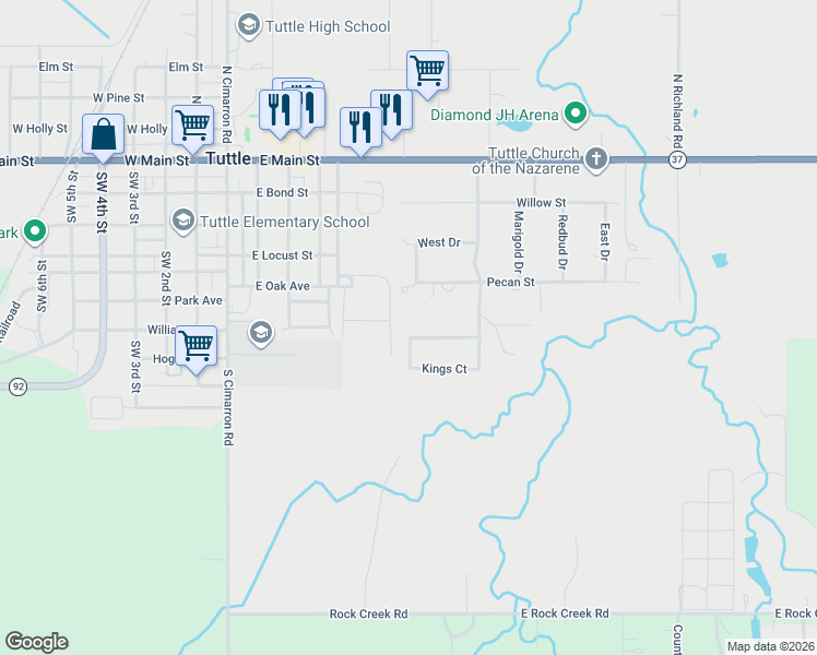 map of restaurants, bars, coffee shops, grocery stores, and more near 504 Pecan Street in Tuttle