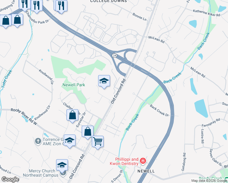 map of restaurants, bars, coffee shops, grocery stores, and more near 8605 Sandy Spring Lane in Charlotte