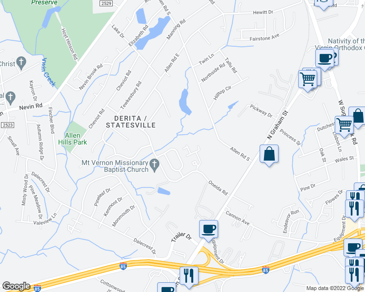map of restaurants, bars, coffee shops, grocery stores, and more near 2718 Sydney Overlook Lane in Charlotte