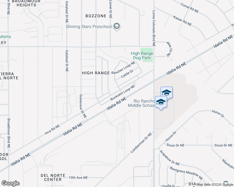 map of restaurants, bars, coffee shops, grocery stores, and more near 3723 Buckskin Loop Northeast in Rio Rancho