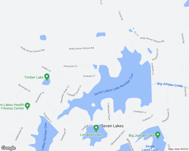 map of restaurants, bars, coffee shops, grocery stores, and more near Firetree Lane in Seven Lakes