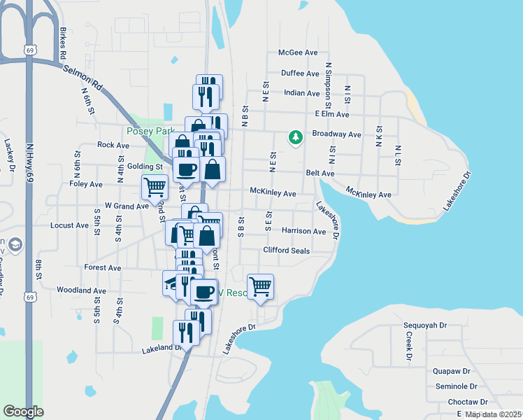 map of restaurants, bars, coffee shops, grocery stores, and more near 199 J C Watts Junior Avenue in Eufaula