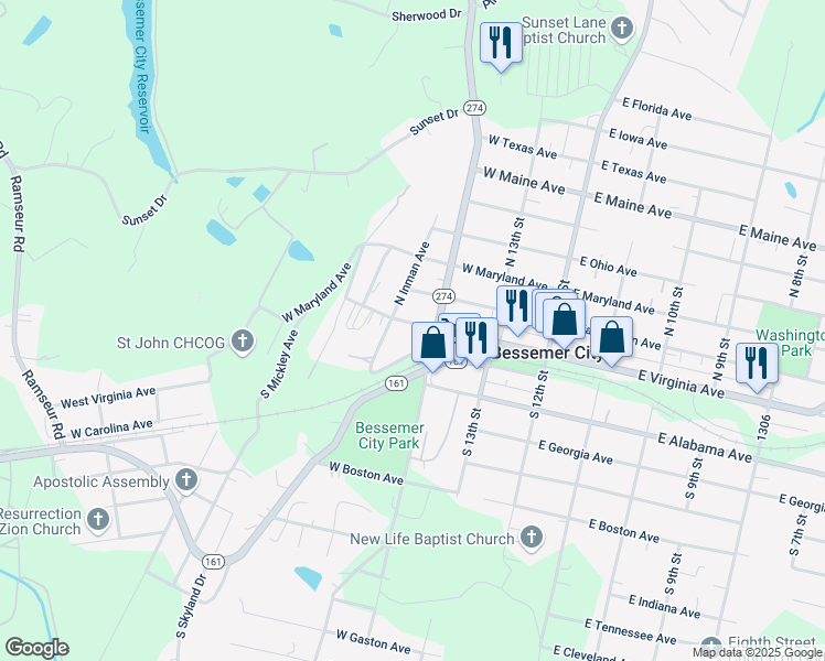 map of restaurants, bars, coffee shops, grocery stores, and more near 305 West Virginia Avenue in Bessemer City