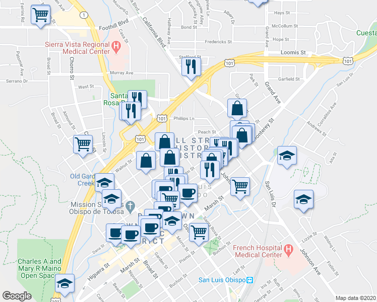 map of restaurants, bars, coffee shops, grocery stores, and more near 1229 Peach Street in San Luis Obispo