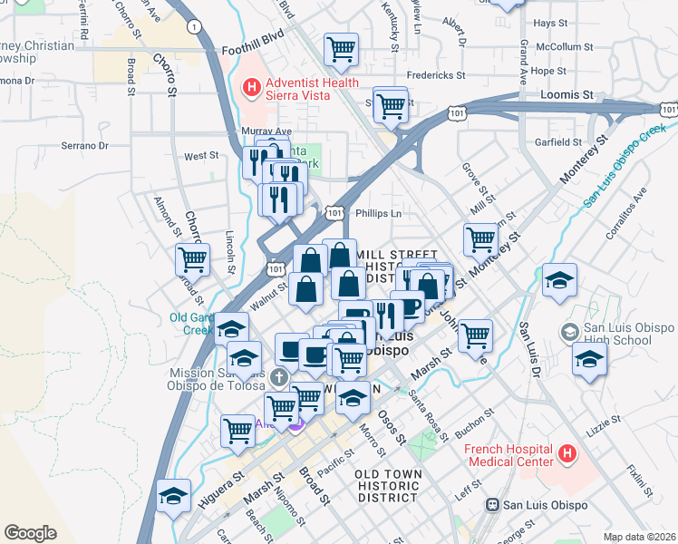 map of restaurants, bars, coffee shops, grocery stores, and more near 1150 Peach Street in San Luis Obispo