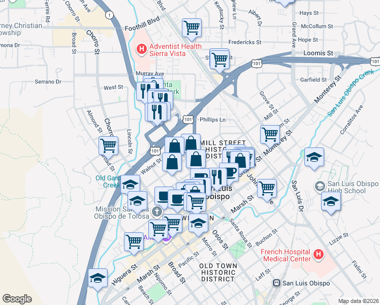 map of restaurants, bars, coffee shops, grocery stores, and more near 1150 Peach Street in San Luis Obispo