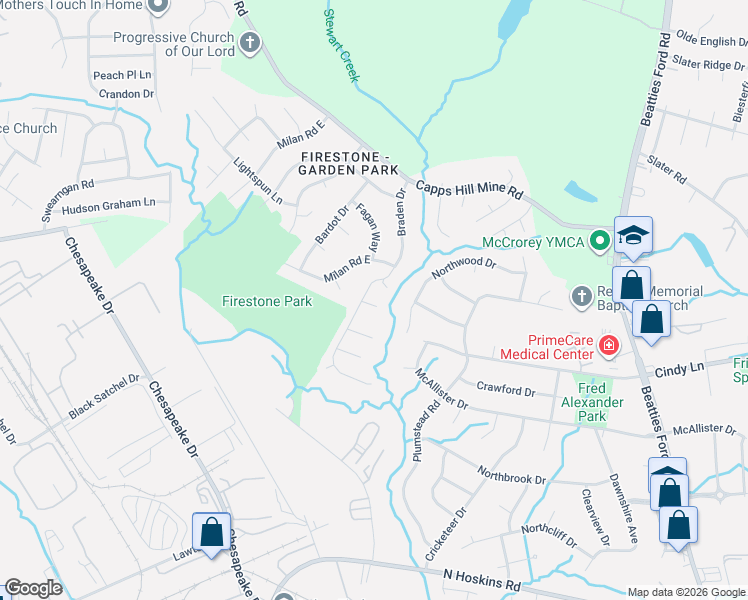 map of restaurants, bars, coffee shops, grocery stores, and more near 3433 Braden Drive in Charlotte