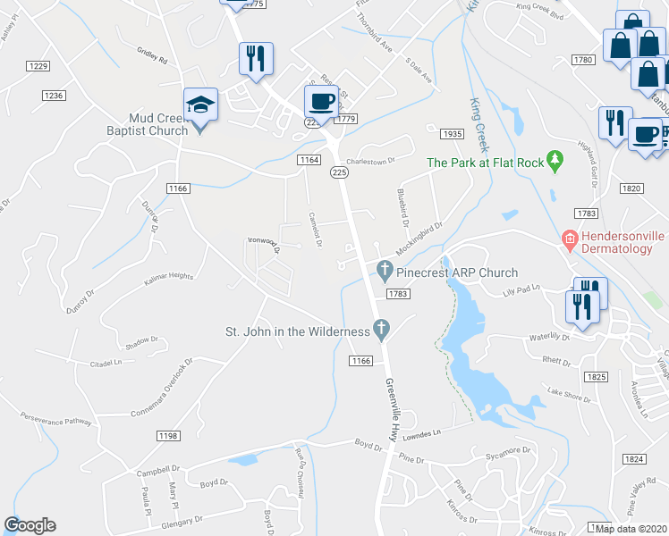 map of restaurants, bars, coffee shops, grocery stores, and more near 108 Malvern Drive in Hendersonville