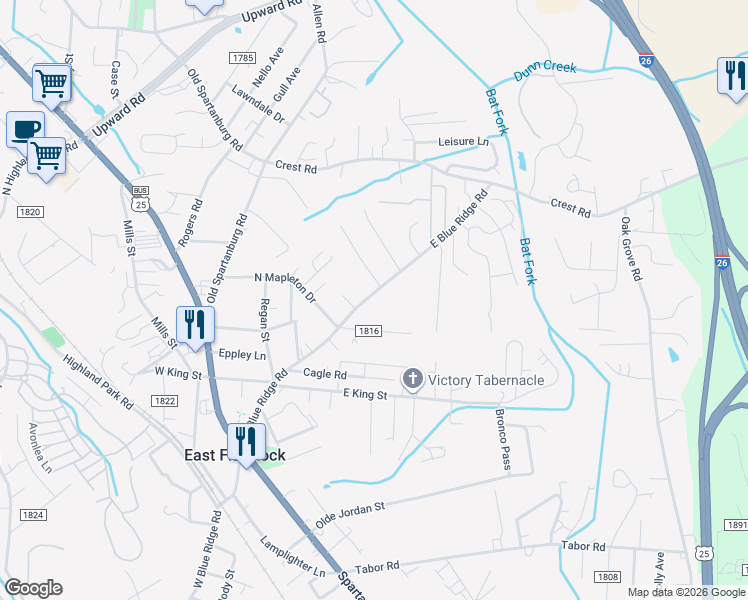 map of restaurants, bars, coffee shops, grocery stores, and more near 102 Tawn Drive in East Flat Rock