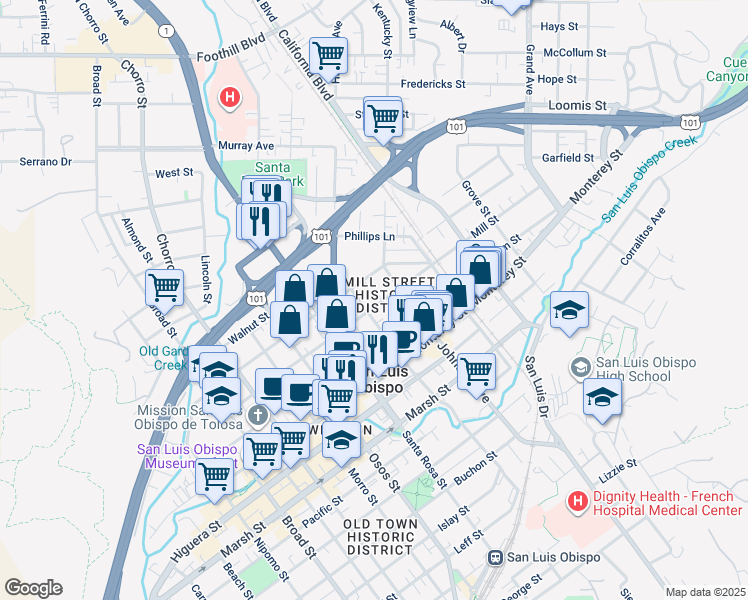 map of restaurants, bars, coffee shops, grocery stores, and more near 1229 Peach Street in San Luis Obispo