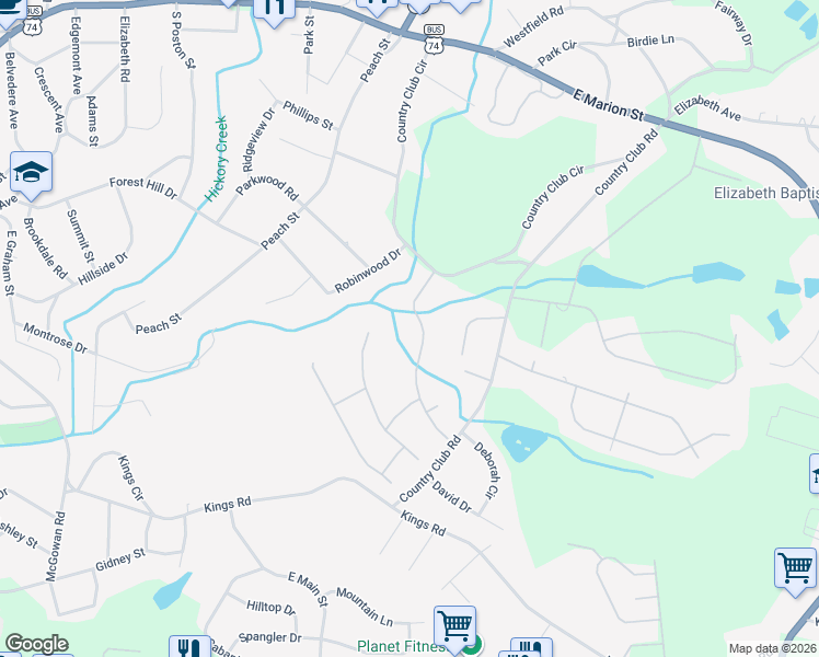 map of restaurants, bars, coffee shops, grocery stores, and more near 404 Johnsfield Road in Shelby