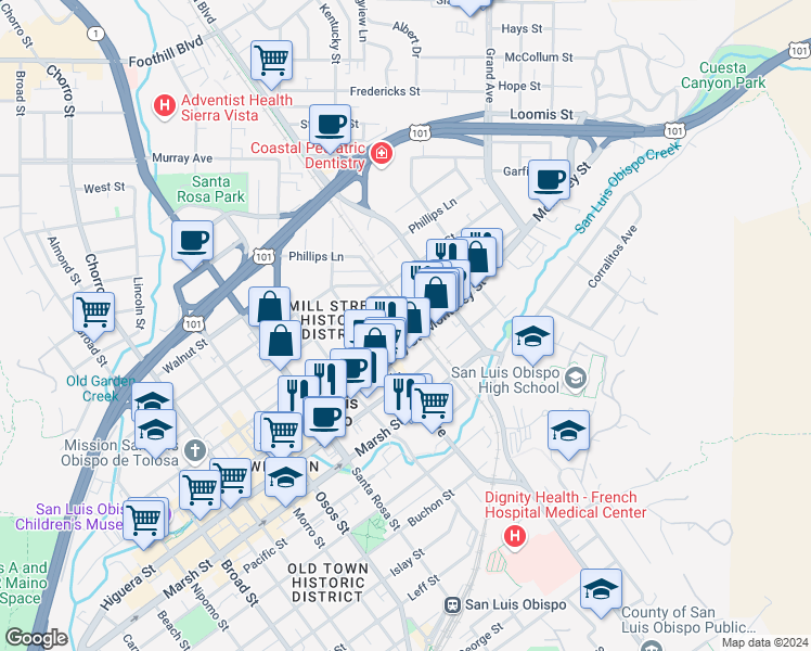 map of restaurants, bars, coffee shops, grocery stores, and more near 955 Pepper Street in San Luis Obispo