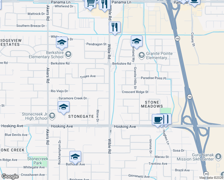 map of restaurants, bars, coffee shops, grocery stores, and more near 7626 Wible Road in Bakersfield