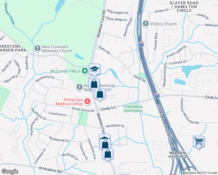 map of restaurants, bars, coffee shops, grocery stores, and more near 3668 Beatties Ford Road in Charlotte