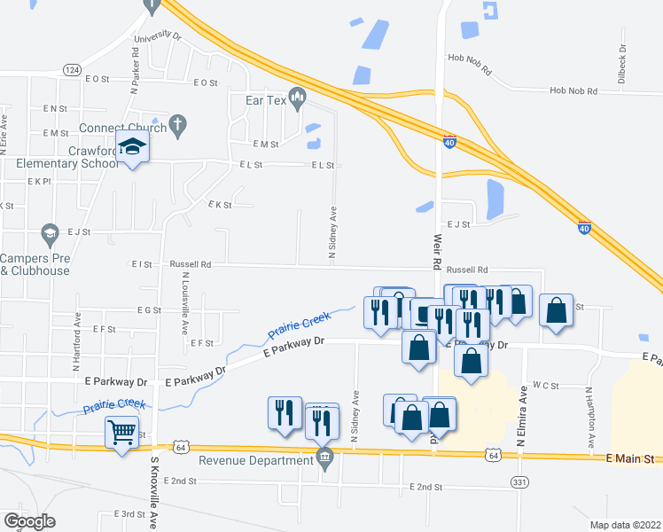 map of restaurants, bars, coffee shops, grocery stores, and more near 901 North Sidney Avenue in Russellville