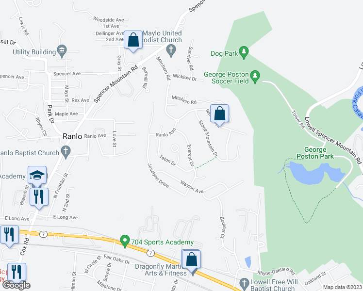 map of restaurants, bars, coffee shops, grocery stores, and more near 3240 Denali Court in Gastonia