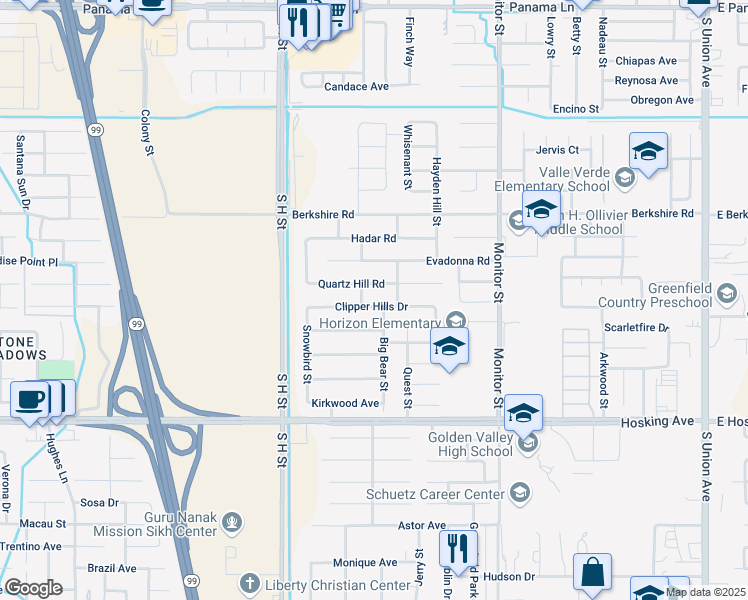 map of restaurants, bars, coffee shops, grocery stores, and more near 1321 Quartz Hill Road in Bakersfield