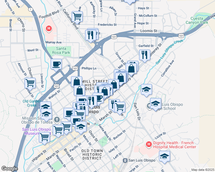 map of restaurants, bars, coffee shops, grocery stores, and more near 1390 Palm Street in San Luis Obispo