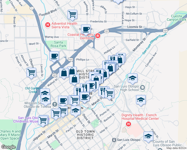 map of restaurants, bars, coffee shops, grocery stores, and more near in San Luis Obispo